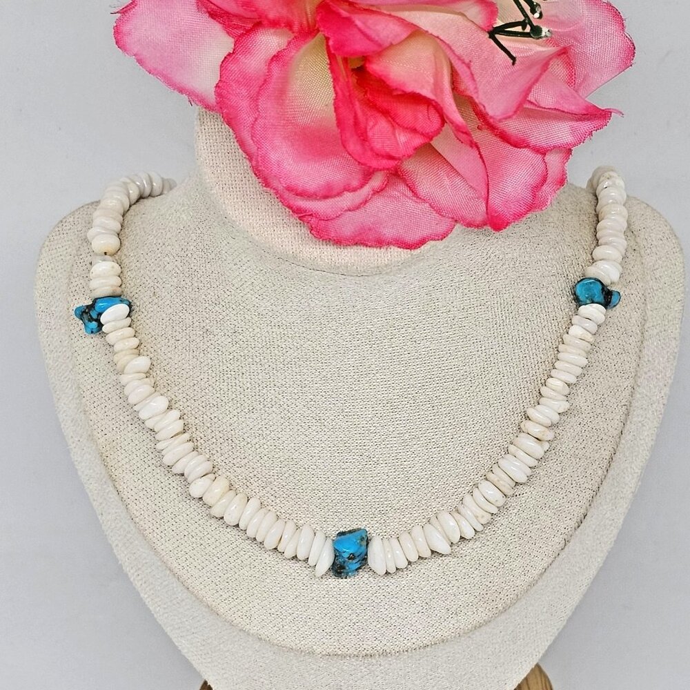 Genuine White Puka Shell Turquoise Nugget Necklac… - image 1